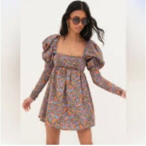 For Love And Lemons XS Brittany Mini Dress Floral Puff Sleeves Cut Out Back